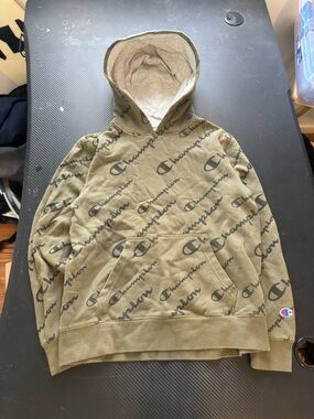 Champion Olive Green Allover Logo Pullover Hoodie Boys L MEASUREMENTS SHOWN